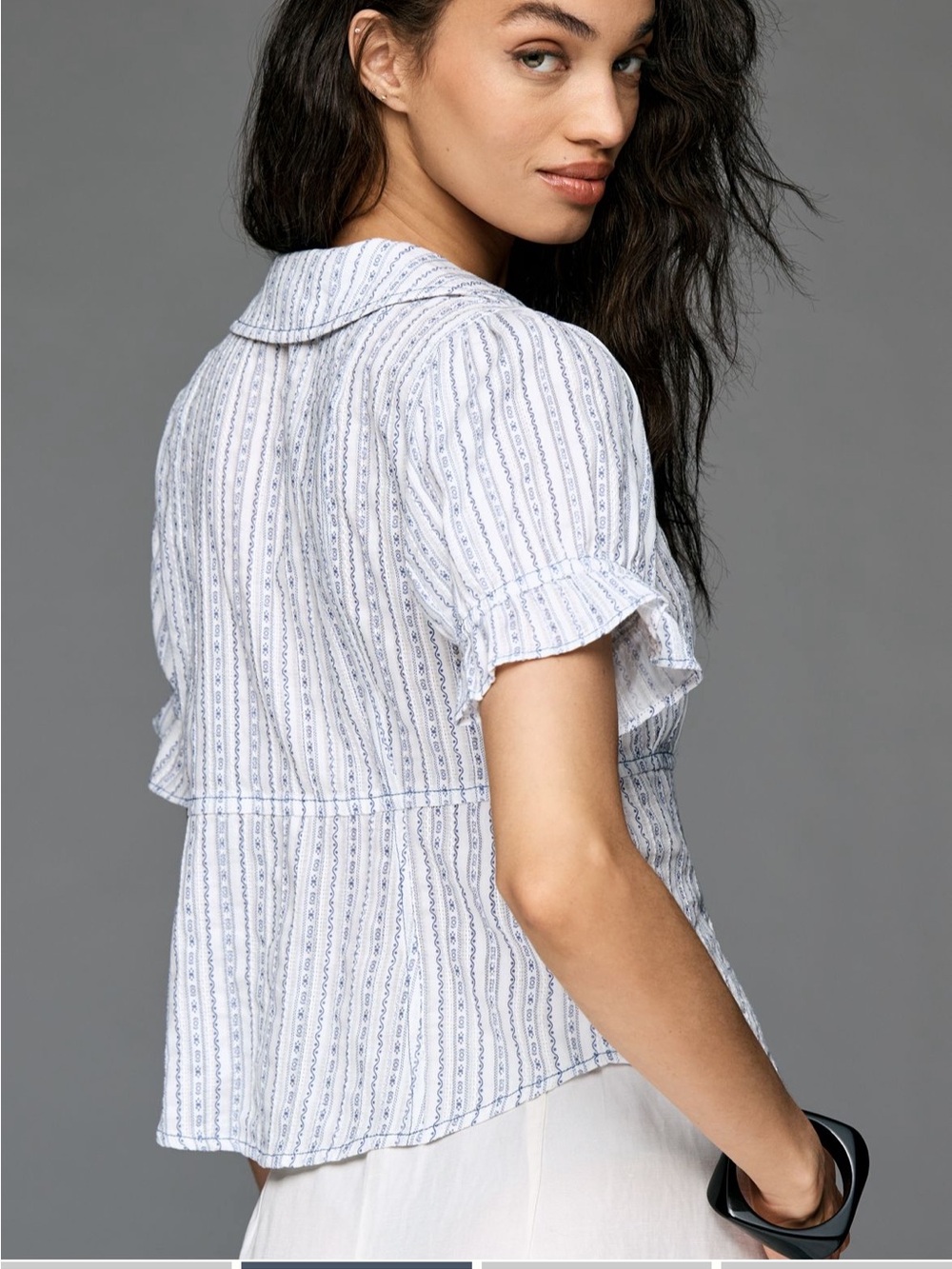 Pilcro Keira Tuxedo Blouse, Light Blue & White Striped Ruffle-Trim Button Down - Picture 3 of 11